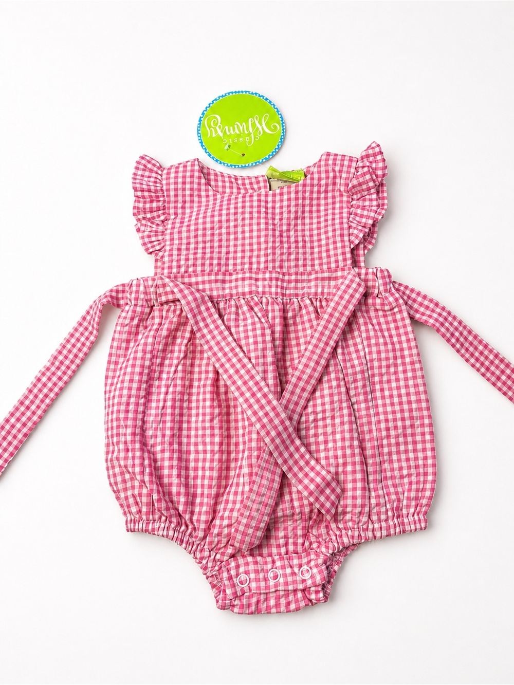 Classic Whimsy Pink Gingham Ruffle Romper/ Bubble